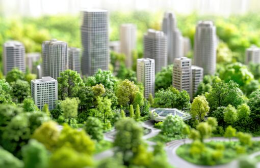 Bâtiments intégrés dans un environnement naturel illustrant le développement durable